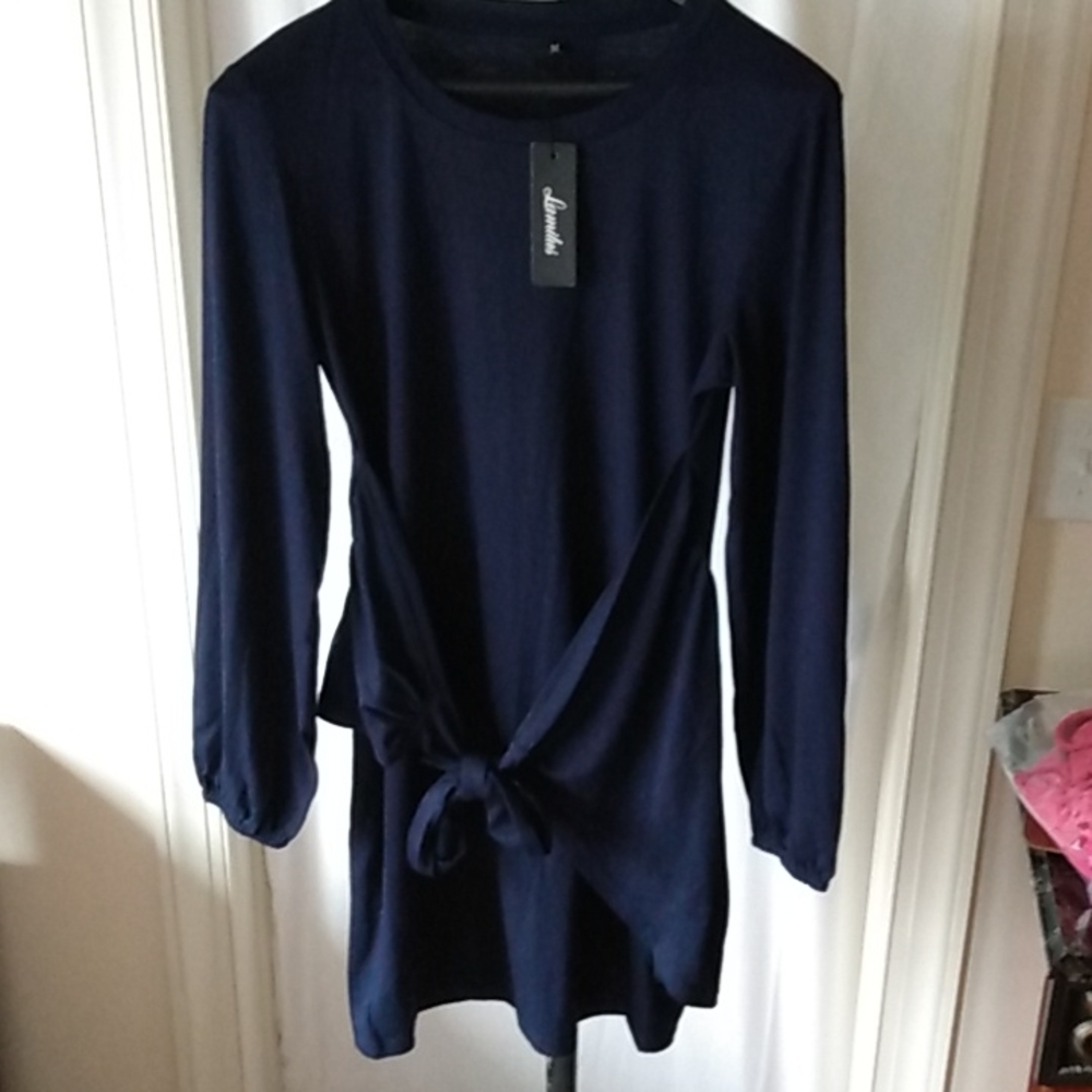 Women Lamilus long sleeves fall mini crew neck dress with bodycon tie waist